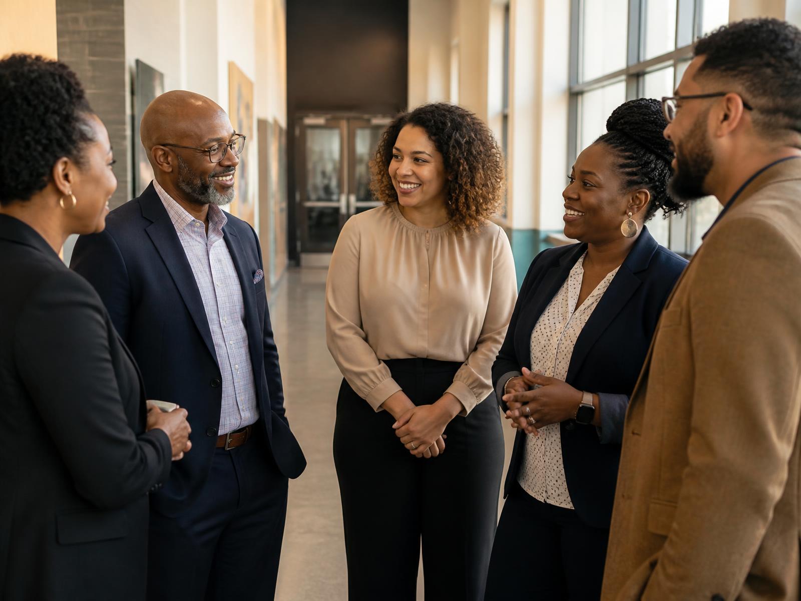Educators talking together in a school hallway